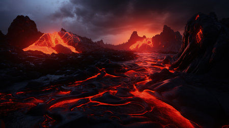 Captivating lava wallpaper: fiery beauty and volcanic landscapes in breathtaking visuals. Earth's core, hot lava flow, volcanic activity, nature's fiery displayの素材