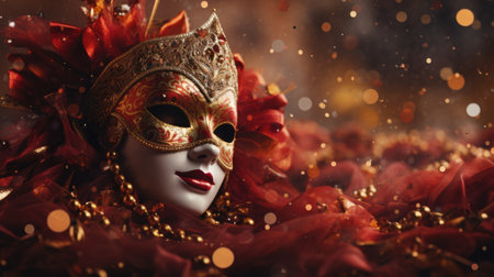 A vibrant carnival unfolds colorful masks adorning people's faces, creating an atmosphere of joy, festivity, mystery. mask showcase intricate designs, adding element of elegance to lively celebrationの素材