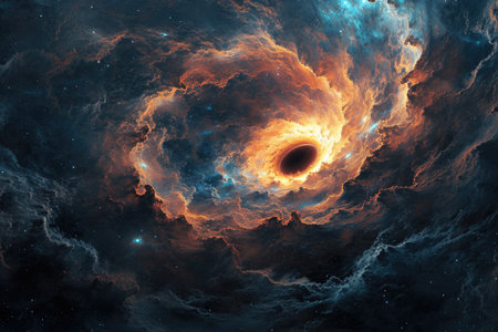 Cosmic mystery: the depths of a black hole in space, an enigmatic gravitational singularity shaping the fabric of the universe, a celestial journey into the heart of darkness.の素材