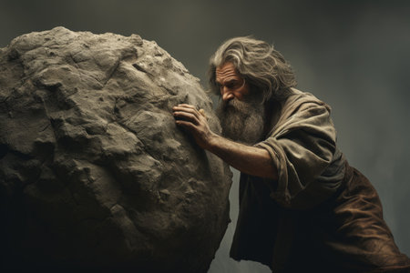 Sisyphus is pushing a rock up a mountain. The enduring symbolism of sisyphus pushing a rock up a mountain: a representation of eternal effort, mythological punishment, and philosophical reflectionの素材