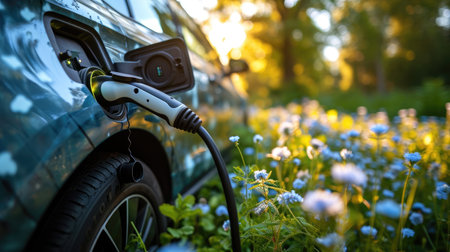 energizing sustainability: the electric green and eco-friendly car revolution, showing efficient battery charging and embracing eco-conscious driving for a greener and cleaner automotive future.の素材
