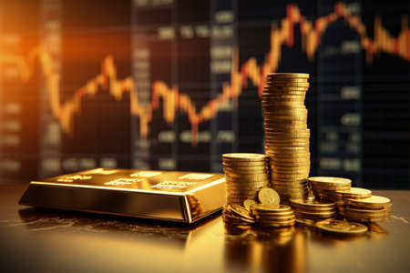 Stacked gold bars, golden coins, stock exchange ambiance, and dynamic stock charts are a visual narrative of wealth, finance, and market trends.の素材
