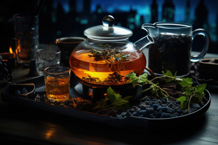invigorating elegance: Kettle of tea, brewing, a cup of tranquil tea, capturing serenity and flavor in every sip, embracing the art of relaxation and timeless rituals.の素材