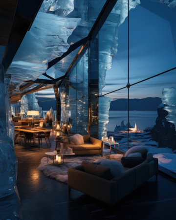 A house of the future built in an iceberg in Anarctica. Future living: innovative house within antarctic iceberg - sustainable design and isolation in the frozen wildernessの素材