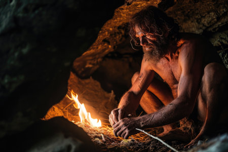 Chronicles of prehistoric life: primitive man, delving into the mysteries of early human existence, tools, culture, and survival in the ancient epochs of our evolutionary past.の素材