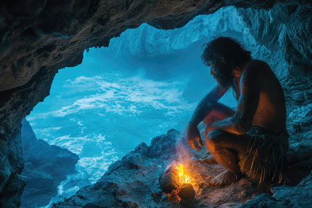 Chronicles of prehistoric life: primitive man, delving into the mysteries of early human existence, tools, culture, and survival in the ancient epochs of our evolutionary past.の素材