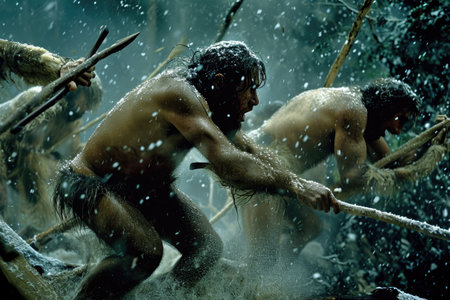 Chronicles of prehistoric life: primitive man, delving into the mysteries of early human existence, tools, culture, and survival in the ancient epochs of our evolutionary past.の素材