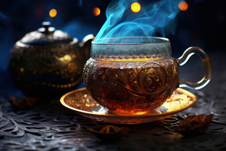 invigorating elegance: Kettle of tea, brewing, a cup of tranquil tea, capturing serenity and flavor in every sip, embracing the art of relaxation and timeless rituals.の素材