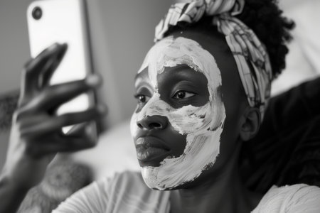 Serene black & white facial skincare: organic beauty, rejuvenation, and wellness in a captivating monochrome snapshot of timeless self-care, purity ofa clear, healthy complexionの素材