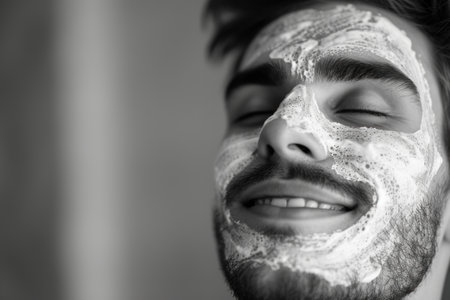 Serene black & white facial skincare: organic beauty, rejuvenation, and wellness in a captivating monochrome snapshot of timeless self-care, purity ofa clear, healthy complexionの素材