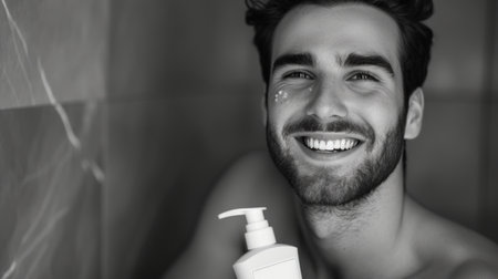 Serene black & white facial skincare: organic beauty, rejuvenation, and wellness in a captivating monochrome snapshot of timeless self-care, purity ofa clear, healthy complexionの素材