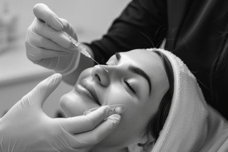 Serene black & white facial skincare: organic beauty, rejuvenation, and wellness in a captivating monochrome snapshot of timeless self-care, purity ofa clear, healthy complexionの素材