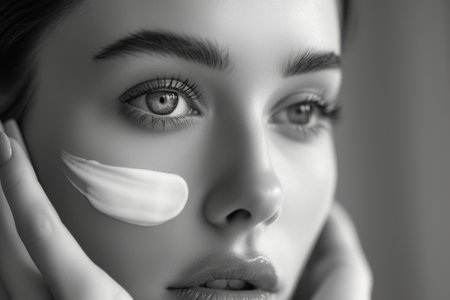 Serene black & white facial skincare: organic beauty, rejuvenation, and wellness in a captivating monochrome snapshot of timeless self-care, purity ofa clear, healthy complexionの素材
