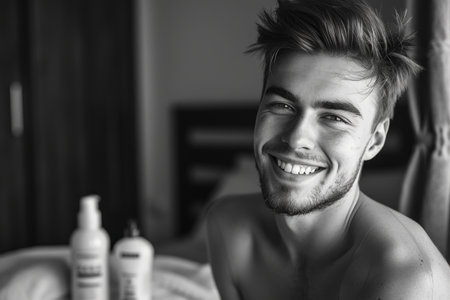 Serene black & white facial skincare: organic beauty, rejuvenation, and wellness in a captivating monochrome snapshot of timeless self-care, purity ofa clear, healthy complexionの素材