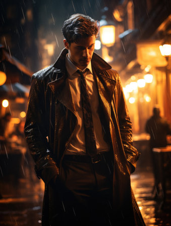 Attractive man in a suit walking through the city, refined style, gentlemanly poise, confident. urban stylish man in raincoat suit jacketの素材