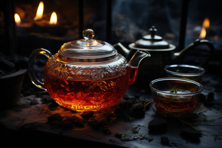 invigorating elegance: Kettle of tea, brewing, a cup of tranquil tea, capturing serenity and flavor in every sip, embracing the art of relaxation and timeless rituals.の素材