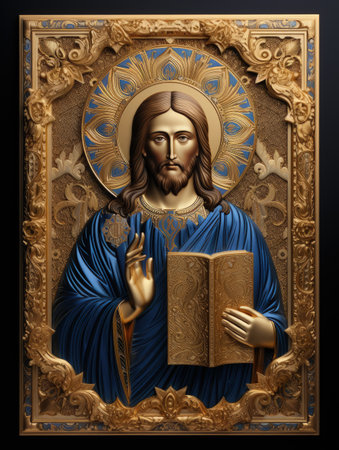 Divine presence: the timeless essence captured in the sacred icon of Jesus Christ, a spiritual masterpiece radiating religious symbolism, faith, and the profound resonance of Christian artistryの素材