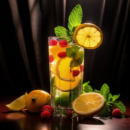 Quenching summer thirst: vibrant fruity drinks on ice, a refreshing blend of citrus, tropical flavors, and coolness for a perfect summer chill-out, deliciously tempting and visually appealingの素材