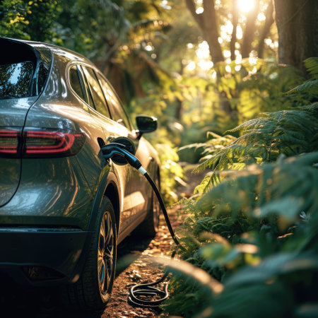 energizing sustainability: the electric green and eco-friendly car revolution, showing efficient battery charging and embracing eco-conscious driving for a greener and cleaner automotive future.の素材