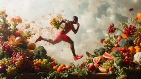 A nourishing lifestyle: fruits and vegetables, diet, proper nutrition and healthy habits to enhance vitality, well-being and longevity in everyday life.の素材