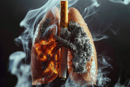 A smoker's lungs are spoiled sick from the tobacco smoke of cigarettes. The harm of smoking. banner.の素材