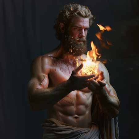 Ignite enlightenment: prometheus, the Olympian god, holds fire in hands, symbolizing defiance and the gift of knowledge, a mythic embodiment of empowerment and rebellion.の素材