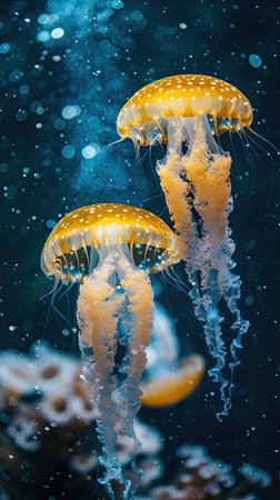 Serene beauty: captivating jellyfish in the underwater world, a mesmerizing display of aesthetics, tranquility, and marine elegance, perfect for serene aquatic imagery.の素材