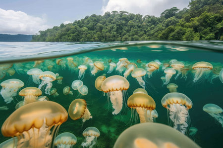 Serene beauty: captivating jellyfish in the underwater world, a mesmerizing display of aesthetics, tranquility, and marine elegance, perfect for serene aquatic imagery.の素材