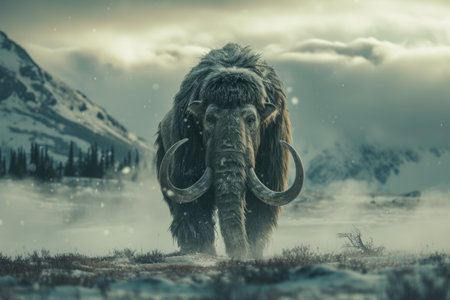 Prehistoric mammoth, an ancient giant of the ice age, symbolizing the wilderness and grandeur of prehistoric times, a majestic creature frozen in time.の素材