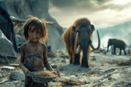 Prehistoric mammoth, an ancient giant of the ice age, symbolizing the wilderness and grandeur of prehistoric times, a majestic creature frozen in time.の素材