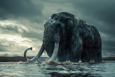 Prehistoric mammoth, an ancient giant of the ice age, symbolizing the wilderness and grandeur of prehistoric times, a majestic creature frozen in time.の素材