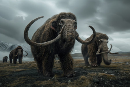 Prehistoric mammoth, an ancient giant of the ice age, symbolizing the wilderness and grandeur of prehistoric times, a majestic creature frozen in time.の素材