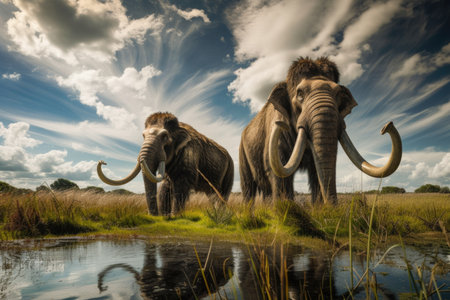Prehistoric mammoth, an ancient giant of the ice age, symbolizing the wilderness and grandeur of prehistoric times, a majestic creature frozen in time.の素材