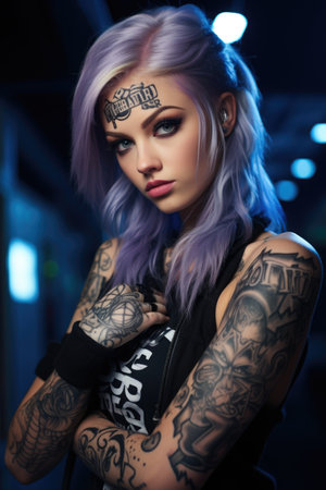 Captivating ink: a bold tattoo on beautiful girl, celebrating artistry, confidence, and individuality of feminine self-expression striking body art in a mesmerizing display of beauty and boldnessの素材