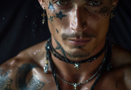 Personal expression: tattoo in a man, symbol of individuality, unique identity and creative self-expression, body art and personal style, embracing diversity and authenticity.の素材