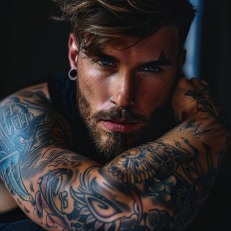 Personal expression: tattoo in a man, symbol of individuality, unique identity and creative self-expression, body art and personal style, embracing diversity and authenticity.の素材