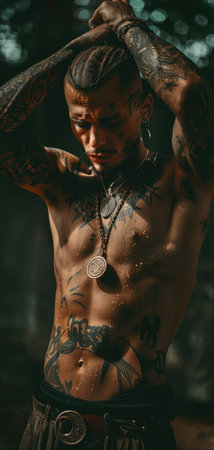 Personal expression: tattoo in a man, symbol of individuality, unique identity and creative self-expression, body art and personal style, embracing diversity and authenticity.の素材