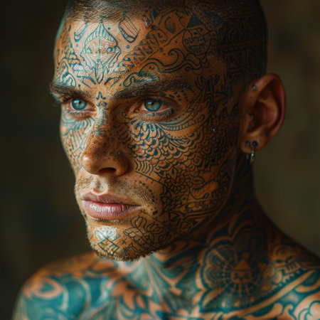 Personal expression: tattoo in a man, symbol of individuality, unique identity and creative self-expression, body art and personal style, embracing diversity and authenticity.の素材