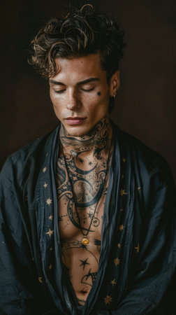Personal expression: tattoo in a man, symbol of individuality, unique identity and creative self-expression, body art and personal style, embracing diversity and authenticity.の素材