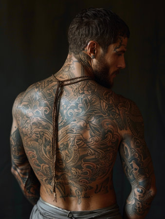 Personal expression: tattoo in a man, symbol of individuality, unique identity and creative self-expression, body art and personal style, embracing diversity and authenticity.の素材