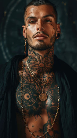 Personal expression: tattoo in a man, symbol of individuality, unique identity and creative self-expression, body art and personal style, embracing diversity and authenticity.の素材