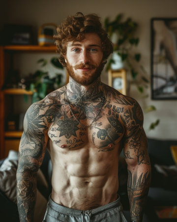 Personal expression: tattoo in a man, symbol of individuality, unique identity and creative self-expression, body art and personal style, embracing diversity and authenticity.の素材