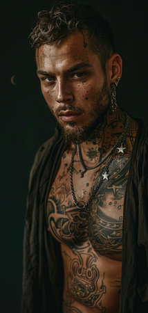Personal expression: tattoo in a man, symbol of individuality, unique identity and creative self-expression, body art and personal style, embracing diversity and authenticity.の素材