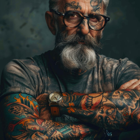 Personal expression: tattoo in a man, symbol of individuality, unique identity and creative self-expression, body art and personal style, embracing diversity and authenticity.の素材