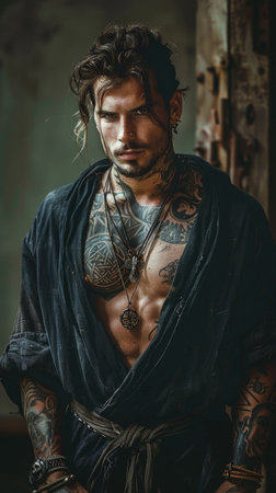 Personal expression: tattoo in a man, symbol of individuality, unique identity and creative self-expression, body art and personal style, embracing diversity and authenticity.の素材