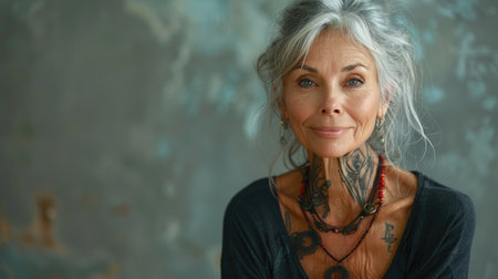 Aging with ink: elderly woman proudly poses with tattoo, showing timeless style and individuality, challenging stereotypes and embracing personal expression through body art.の素材