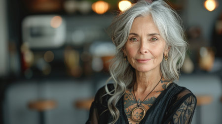Aging with ink: elderly woman proudly poses with tattoo, showing timeless style and individuality, challenging stereotypes and embracing personal expression through body art.の素材