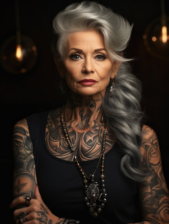 Aging with ink: elderly woman proudly poses with tattoo, showing timeless style and individuality, challenging stereotypes and embracing personal expression through body art.の素材