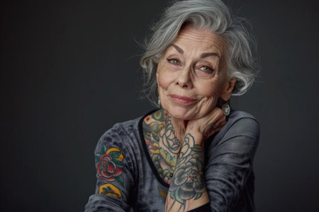 Aging with ink: elderly woman proudly poses with tattoo, showing timeless style and individuality, challenging stereotypes and embracing personal expression through body art.の素材