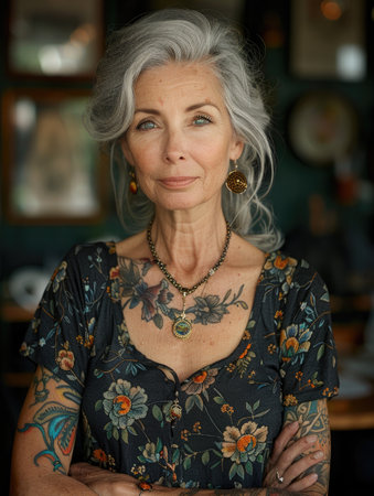 Aging with ink: elderly woman proudly poses with tattoo, showing timeless style and individuality, challenging stereotypes and embracing personal expression through body art.の素材